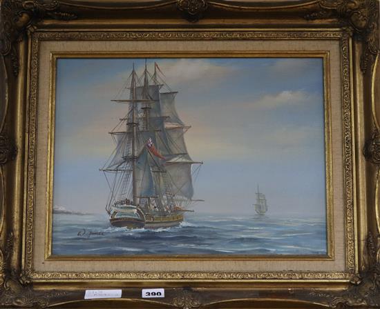 W James, oil on canvas, sailing ships at sea, 29 x 39cm